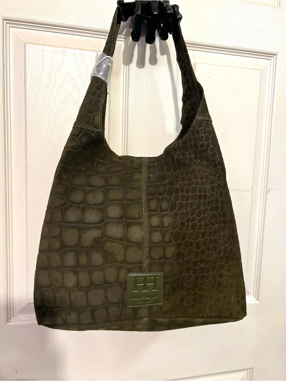 Haute Hippie olive green hobo bag with, crocodile-embossed suede design.NWT